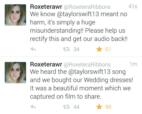 smarsh-1999:  @roseellendix & @roxeterawr lost their wedding video containing their vows and speeches because their first dance was to shake it off and now their whole video has been muted because of copyright!    @taylorswift please help them get