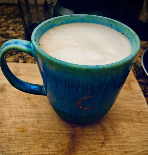 A home brewed Latte in my new and uniquely beautiful ceramic coffee mug #hbcpottery…#coffeeti