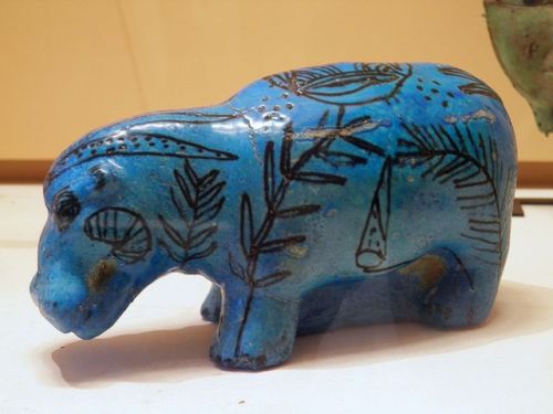 Ancient Egyptian hippopotamus figurine, made of faience.  Artist unknown; ca. 1650-1550 BCE (17