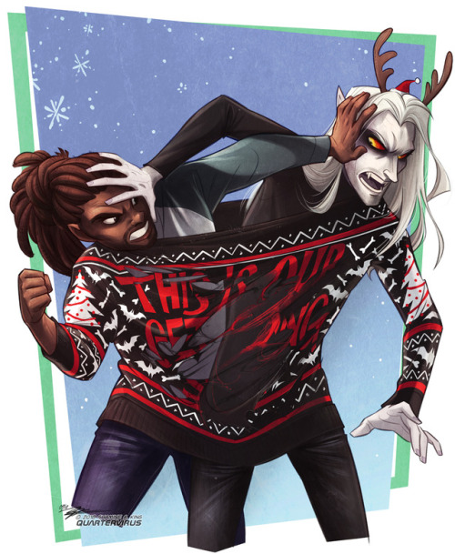 quartervirus:
Ugly Christmas Sweaters: The Get Along Shirt
As I will be gone for the next two weeks, here are some festive pictures to tide you over this holiday season!
Cassica attempts to get Marrok and Aezar to play nice, and they destroy a perfectly fine sweater in the process. Marrok is @kangeera‘s intolerable werewolf and Cassica’s ex who Aezar absolutely cannot stand.
Neither of them gets laid that night. #sakart#christmas #ugly christmas sweaters  #elder scrolls online #eso#altmer#high elf#aezar aeduire#redguard#marrok erwan#werewolf#vampire