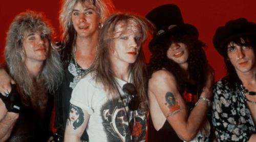 Guns N&rsquo; Roses pose for a portrait on May 7, 1988 at Detroit State Theater in Detroit, Mich