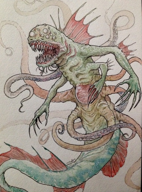 tamisrandom:Theme o’ the week was Lovecraft - here’s my interpretation of Dagon.Felt and watercolour