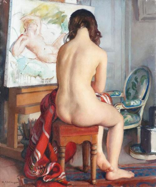 Maurice Ehlinger (French, 1896-1981)The model, a sitting nude at the studio of the artist, 1958