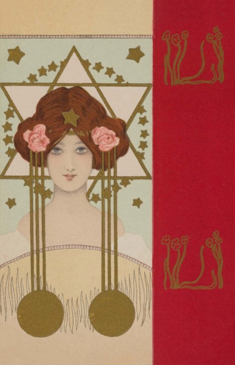 Vintage post cards.1901. Girls face with red border. Color lithograph with metallic pigment on card 