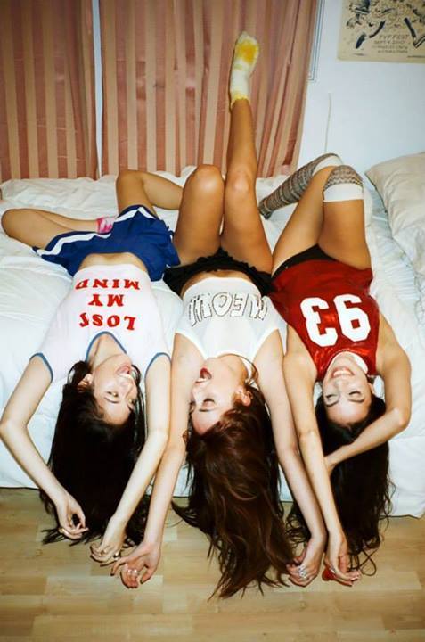 A short skirt, a “meow” shirt, and thigh-high socks–three sexy girls who look like they’re having lots of fun just hanging out and goofing around.  Really nice pic.