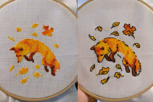 somediyprojects:Riolis: Foxes in the Leaves WIP before and after backstitch, stitched by LavastormSW