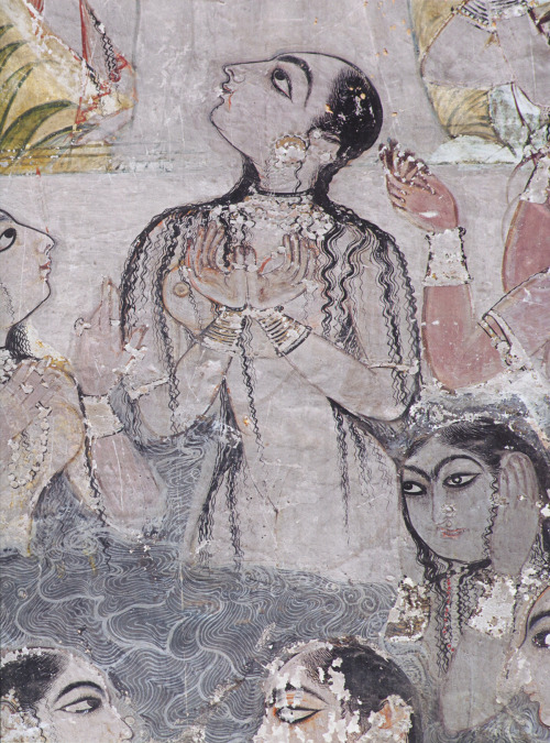  animus-inviolabilis: Ladies bathing from a scene of Krishna stealing the clothes of gopis. Wall painting from the Badal Mahal (Cloud Palace) room of the Rao Bhoj Palace. 17th Century 