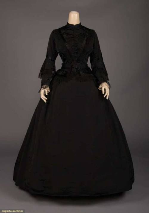 BLACK SILK MOURNING ENSEMBLE, 18601-pc black silk faille dress with band collar, hook & eye at c