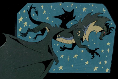 Another digital drawing of Darkstalker, once again using the fanmade design. It is similar to the first one in concept, but illustrated more differently. This time the drawing features lineart and more detail. He is standing in a similar floating/flying position, this time facing the right. Like in the previous drawing, he is grinning. The background is blue with several large, rather cartoony bright yellow stars decorating the empty space surrounding the dragon. An uneven black border surrounds the entire drawing.