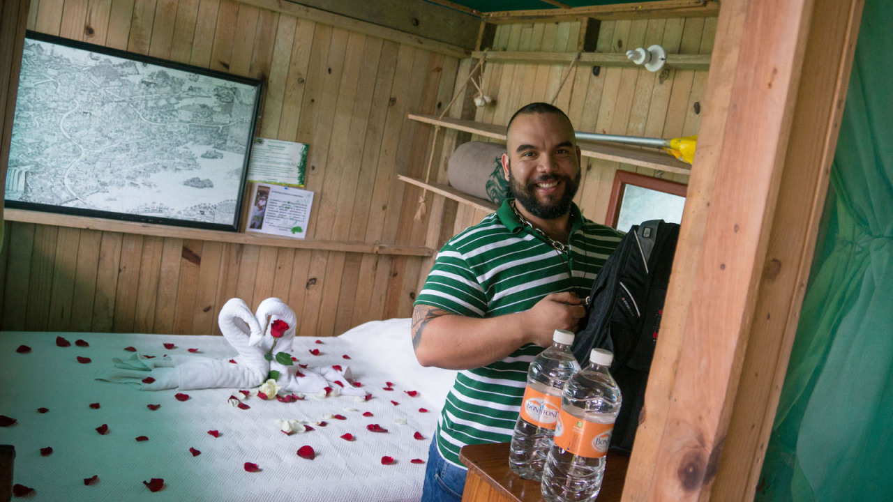 noodlesandbeef:  Our cabin was on a lake, had a hammock, and the bed was topped with