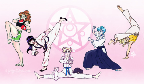 Sailor Scouts practicing martial arts! Guardian cats are… helping.Illustration created thanks