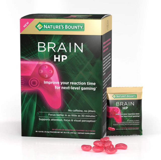 An image of a box of Nature's Bounty Brain HP, which claims it will improve your reaction time for next-level gaming. They are watermelon-flavored jellybean multivitamins that come in packets. They are hot pink and there's a hot pink controller on the box.