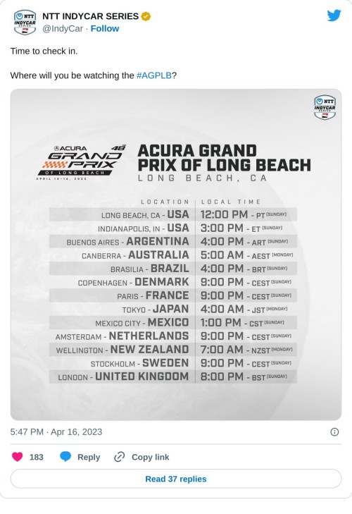 Time to check in.   Where will you be watching the #AGPLB? pic.twitter.com/oiwZMqriUw  — NTT INDYCAR SERIES (@IndyCar) April 16, 2023