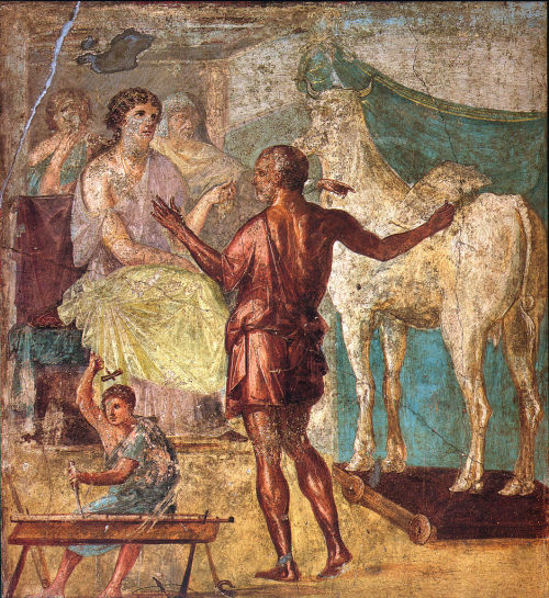 Daedalus presents the artificial cow to Pasiphaë. Roman fresco from the northern wall of the triclin