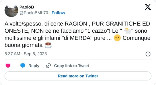 A volte/spesso, di certe RAGIONI, PUR GRANITICHE ED ONESTE, NON ce ne facciamo "1 cazzo"! Le " 🐑" sono moltissime e gli infami "di MERDA" pure ... 😶 Comunque buona giornata ☕  — PaoloB (@PaoloBMb70) September 6, 2023