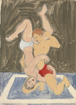 thunderstruck9:Duncan Grant (British, 1885-1978), Wrestlers, c.1960. Biro and gouache, 49.6 x 36.9 cm.