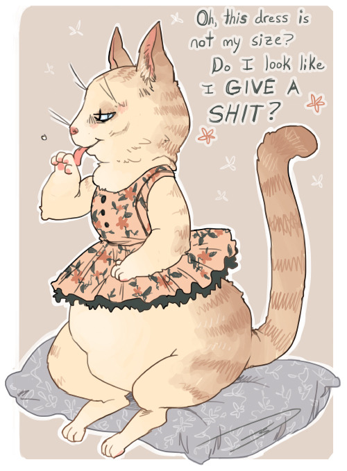 It’s Draw Your Cat in a Dress Day!! My cat Fino prefers to be nekkid IRL and would never tolerate this, so no one tell her about it.