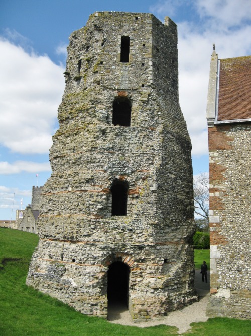 clioancientart:Dover - the Roman lighthouse. Much of the fabric of the adjacent Saxon period church 