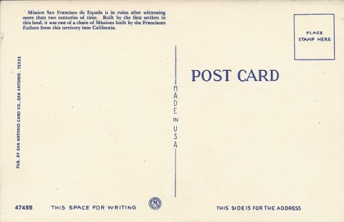 Postcard: Mission San Francisco de Espada, San Antonio, Texas, Before 1964