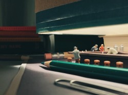 archiemcphee:  The Department of Miniature Marvels just found its newest member: Photographer Derrick Lin, who creates teeny-tiny slice-of-life scenes and recreates iconic works of art at his desk using a wide variety of miniatures, his office supplies