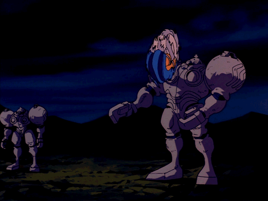 buff retro anime cat woman beating up tall round robot, and does cat wiggle stance