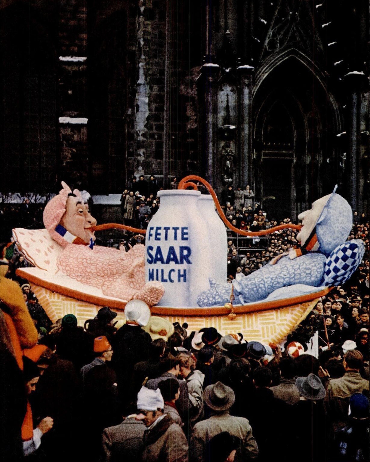 In the parade of satirical floats, most of them mocking politics, Konrad Adenauer