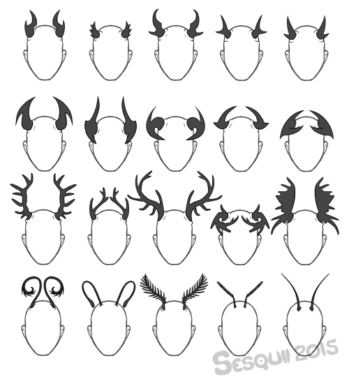 sesquii:  I really like horns, so here, have a set horns, antlers and feelers! Feel free to use as a reference or inspiration, no need to credit. :) 