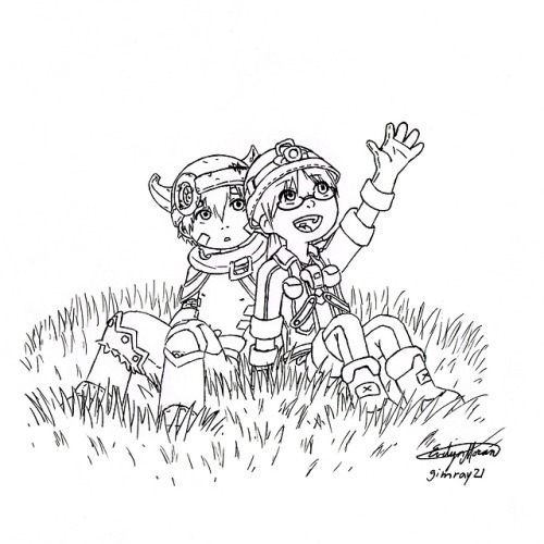 Inktober Day 8 2018 Reg and Riko from Made in Abyss. I had to draw This two sitting on the grass pea
