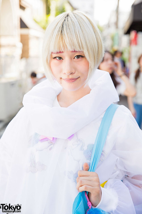 tokyo-fashion:  Ene on the street in Harajuku wearing a sheer jacket from Wagado Tokyo over a 6%DOKIDOKI unicorn dress, a Nile Perch bag, and Yosuke platforms. Full Look 