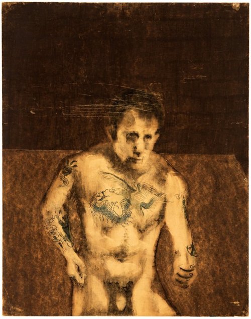 thunderstruck9:  James Gill (American, b. 1934), Untitled (Man with Tattoos), c.1968. Monoprint laid down to board with hand-made additions in ballpoint pen, 28.625 x 22.5 in. 