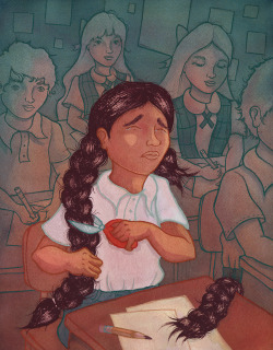 cuirladies:  stacyfaheyart:  Illustration about Native American boys who have to cut off their braids to follow school dress codes.  Noooooo “Ilustración sobre los niños indígenas que tienen que cortar sus trenzas para seguir códigos de vestimenta