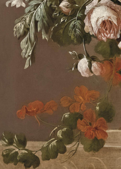 laclygrantham:Flowers in Vase (details) , Follower of Jan van Huysum (Dutch, 1682–1749)