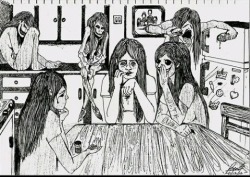 the-lost-in-society:  It’s scary how real this picture is.  On the left at the table is suicide, on the right is cutting, tempting you. By the fridge is binging, to the left of it is anorexia. On the far left is depression, isolating you from everyone