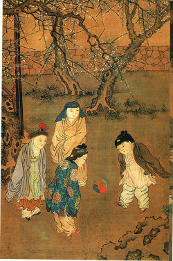 fyeah-history:  One Hundred Children in the Long Spring (长春百子图), a painting by Chinese artist Su Hanchen, depicting the game Cuju (苏汉臣, active 1130–1160s AD), Song DynastyCuju is an ancient Chinese ball game. It is a competitive game