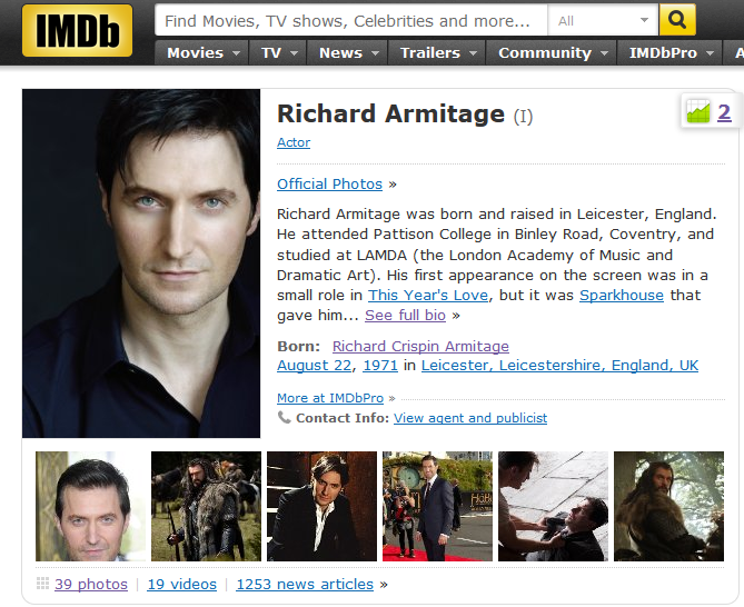 Richard Armitage at #2 on IMDb.com Woohoo!