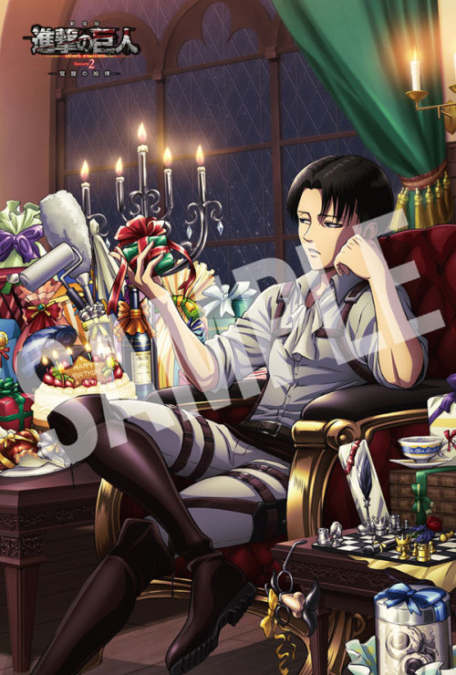 Levi’s Birthday (2017) by WIT StudioBirthday/Christmas gifts include:Cleaning supplies (Eren?)Half-eaten food (Sasha)Wine (Jean? Connie?)Titan Eyeballs (Hanji?)Quill (Erwin or Armin?)Chess set (Erwin or Armin?)Gag disguise (Mikasa?)Rose (Fandom??)