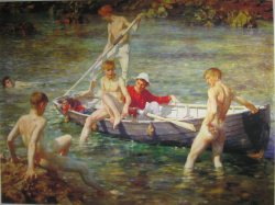 myeyemancandy:Ruby, Gold &amp; Malacite by Henry Scott Tuke (1858-1929)Art worth having in the home - even if it is only a print!Apparently, painted in Devon in 1902, the model for the figure sitting on the rock was Tuke’s boatman for 30 years. He was