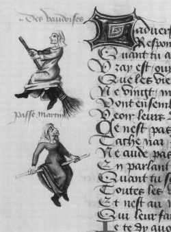 chaosophia218:  Barthélemy Poignare - Two Waldensian Witches, “Le Champion des Dames”, 1451.This illumination depicts two women, one astride a broom and the other sitting upon a stick. The figures of the women adorn the margins of a fifteenth-century