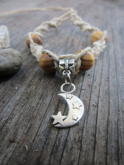 fuckyeahpaganism:Moon &amp; Stars Celestial Natural Hemp Bracelet with Wooden Beads