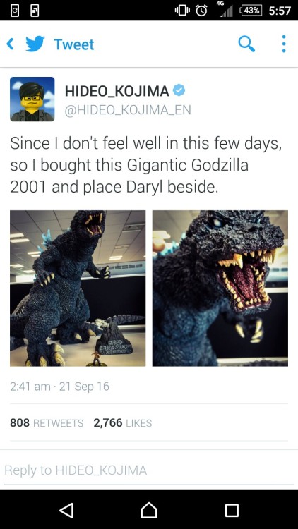 100rings:  Hideo Kojima didn’t feel well so bought himself a big Godzilla and frankly I’ve never found anyone more relatable. 