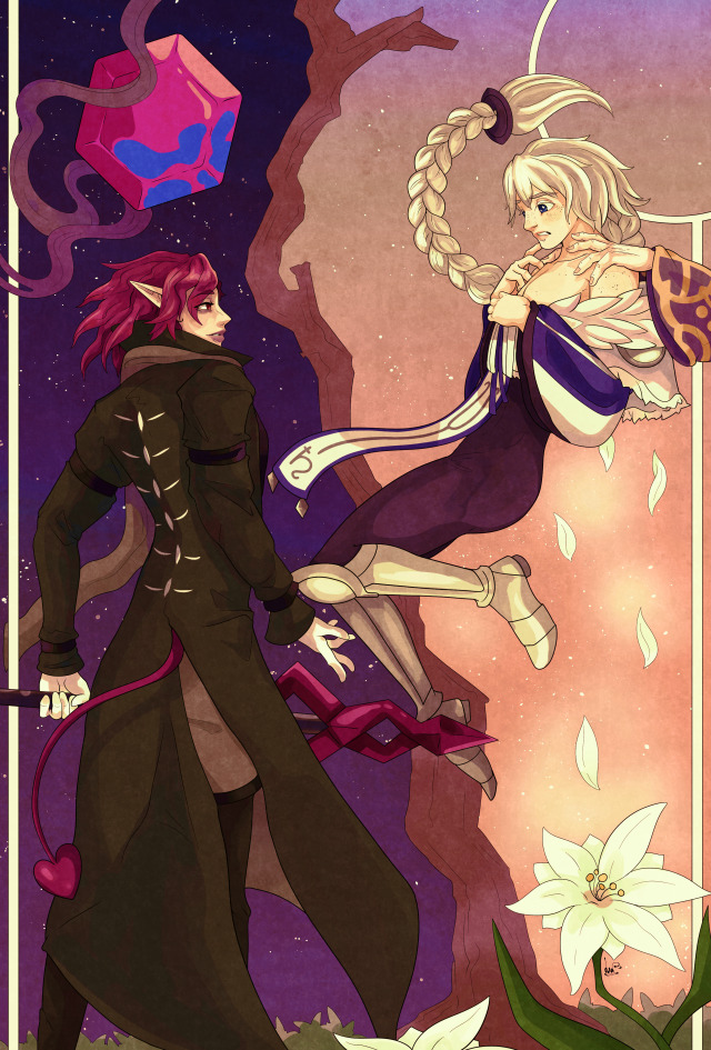 Xenolith and Virunga from Disgaea D2. Xenolith, a pink-haired demon with a heart-shaped tail wearing a long, black coat and grey scarf, wields a halberd lance while extending a hand as a friendly gesture. Above him floats the Artifact of Absolute Death, a six-sided pink and blue gem. His side of the image is a dark purple night sky. The image is bisected down the middle by a tree. Virunga, a white-haired, blue-eyed angel man with a slim frame, looks down at Xenolith with surprise and alarm on his face. There are hands on his shoulders, belonging to former Archangel Vulcanus. His side of the image is a light orange evening sky, transitioning to purple at the top. Yuie flowers bloom in the foreground, with the petals rising up and disappearing behind Virunga.