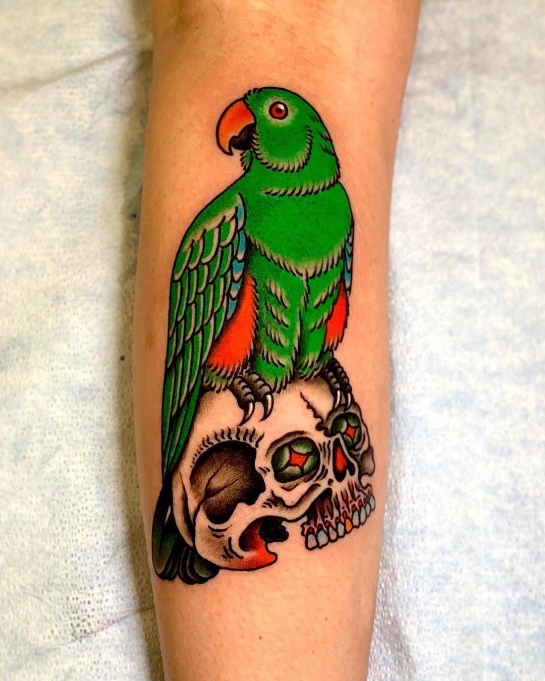 Neotraditional macaw tattoo on the side of the body