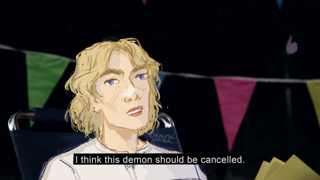 a digital drawing of matthais from six of crows wearing a white henley with sunscreen on his nose captioned "i think this demon should be cancelled" (original image from too many spirits on youtube)