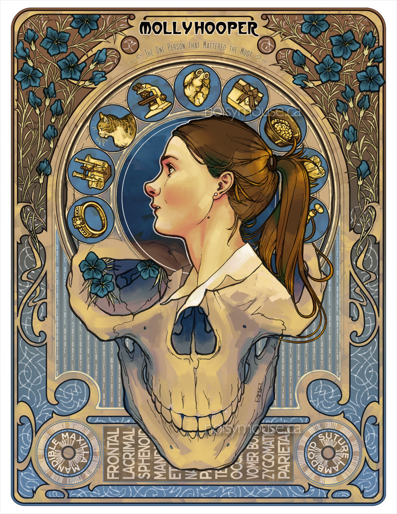 noisymouse:
“Molly Hooper
The One Person that Mattered the Most
Based on the classic Mucha poster Zodiac, Grand Bazar and Nouvelles Galleries. Colored in Coral Painter. All of the type is names for the structures of the skull. Even the curling white...