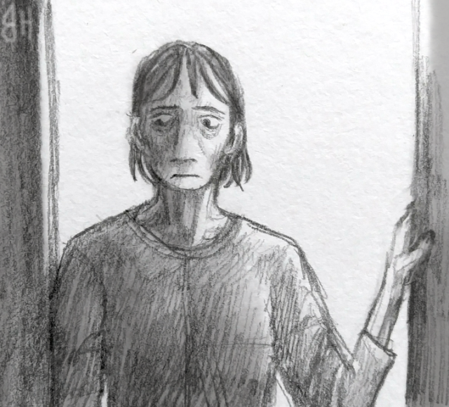 A drawing of Sarah- a pale, malnourished woman with straight dark hair reaching her ears, wearing a black shirt. She stands in a dark doorway with her hand on the frame, looking in with a sad, tired expression.