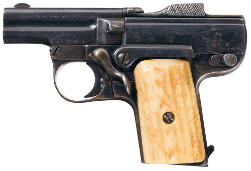 Henri & Nicolas Pieper semi automatic pistol with stag grips, early 20th century.