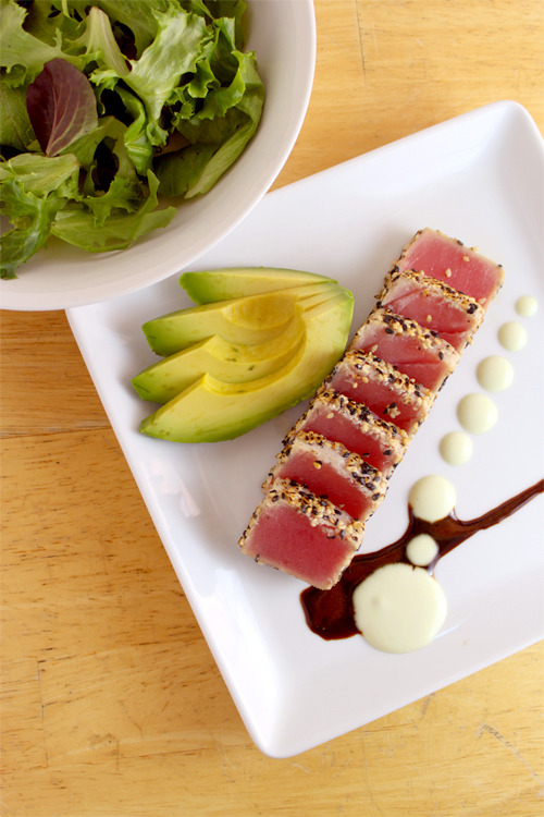 in-my-mouth:  Ahi Tuna Salad with Soy Ginger Reduction &amp; Wasabi Aioli 