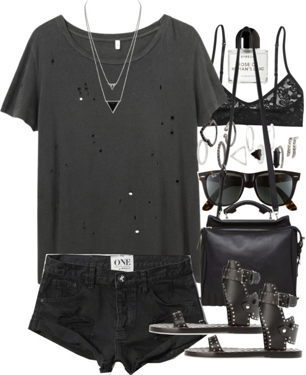 Outfit with a grey tee and studded sandals by ferned featuring Monki
R13 short sleeve shirt, 175 AUD / Abercrombie & Fitch distressed shorts, 60 AUD / Monki bra, 9.14 AUD / Isabel Marant flat shoes, 525 AUD / 3 1 Phillip Lim leather handbag / House...