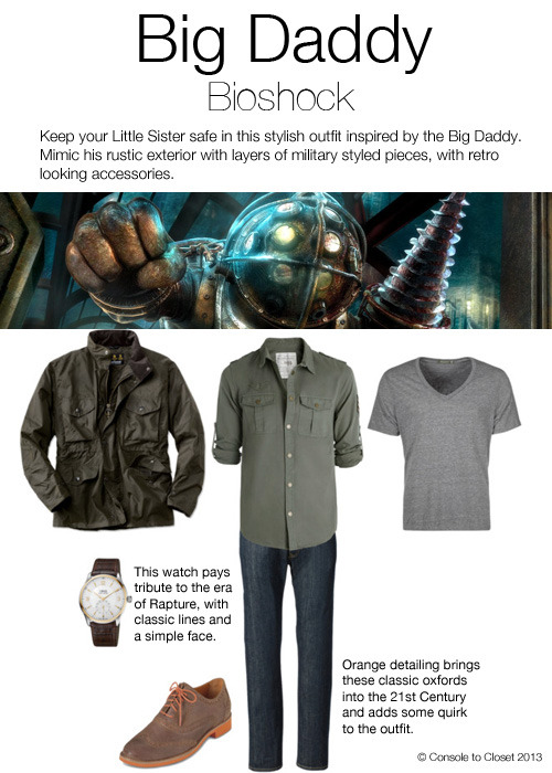 Inspired by Big Daddy from Bioshock
Jacket: Orvis - Saper Jacket, $430 / Top: Zadig & Voltaire - Shirt Tribal Man, $260 / T-shirt: Zalando - Alternative Apparel, $46 / Jeans: Levi Jeans, $120 / Shoes: Neiman Marcus - Cole Haan Oxford, $120 / Watch:...