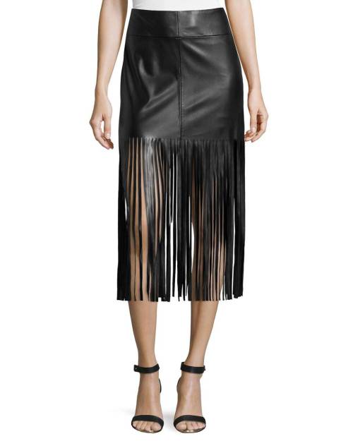 Faux-Leather Fringe Skirt, Black
